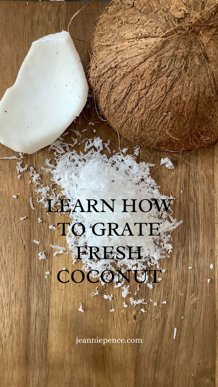 coconuts and sea salt on a cutting board with the words learn how to create fresh coconut