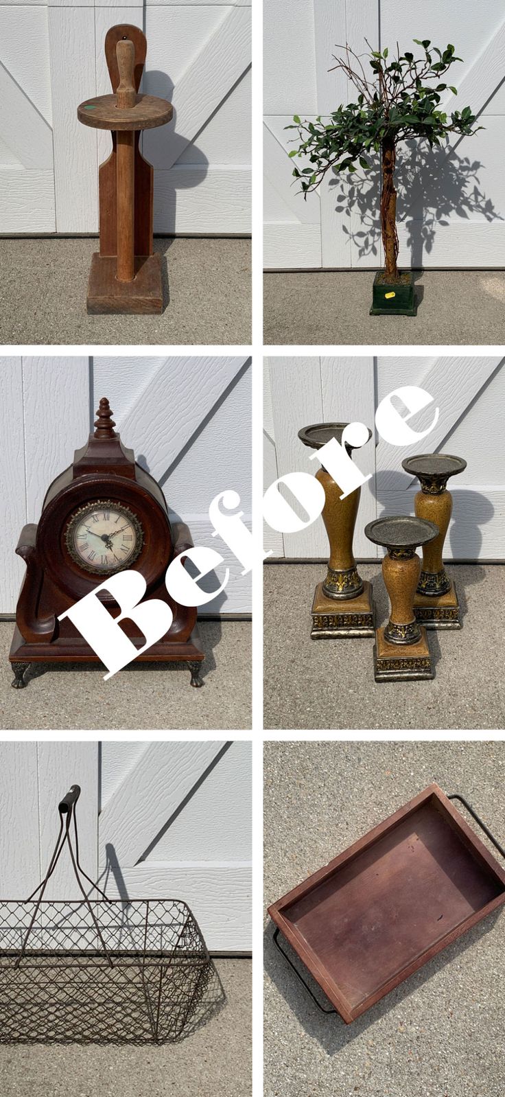 four pictures of different types of clocks and vases in various stages of being displayed