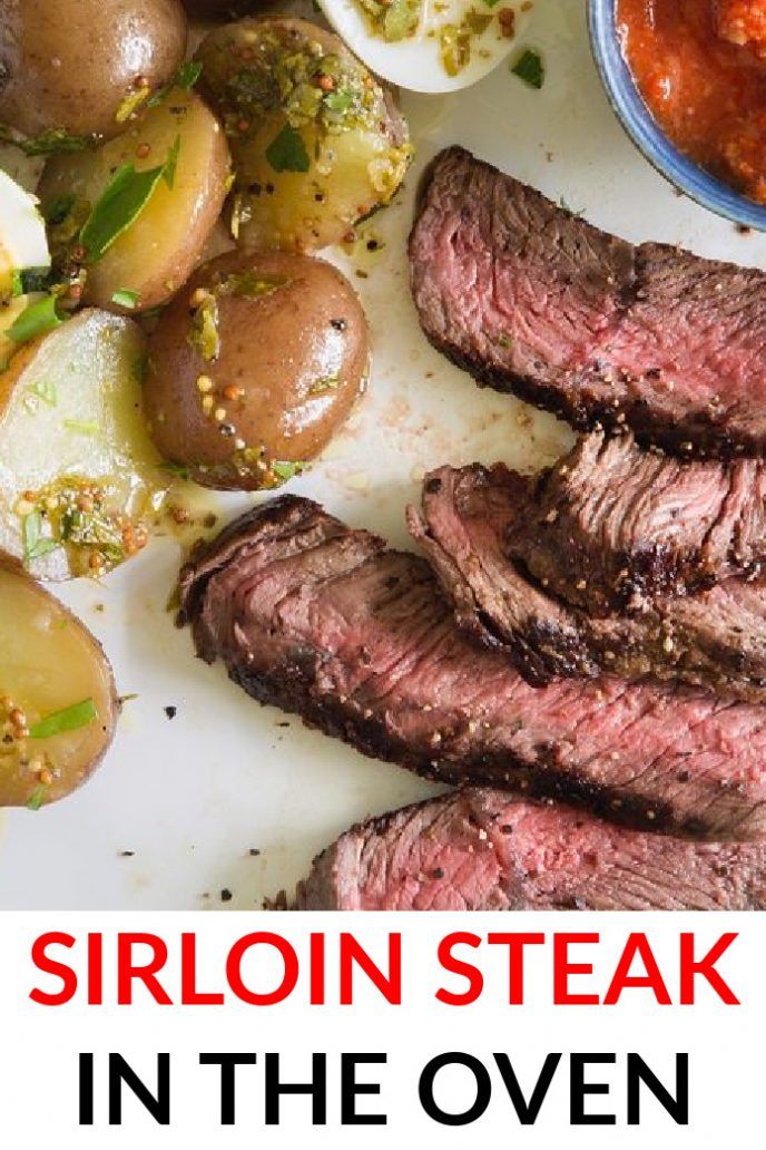 steak and potatoes on a white plate with the words siro steak in the oven