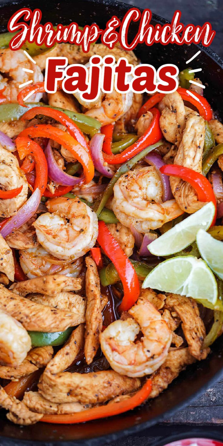 shrimp and chicken fajitas in a skillet