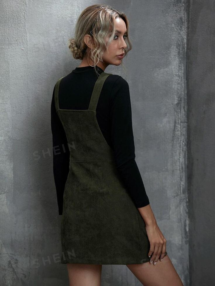 Style:Casual \nWaist Line:High Waist \nType:Pinafore \nDetails:Pocket \nDetails:Ring \nHem Shaped:Straight \nNeckline:Straps \nDetails:Zipper \nColor:Army Green \nPattern Type:Plain \nSleeve Length:Sleeveless \nFit Type:Regular Fit \nLength:Short \nMaterial:Corduroy \nComposition:100% Polyester \nCare Instructions:Machine wash or professional dry clean \nSheer:No \nFabric:Non-Stretch \n Corduroy Overall, Corduroy Overall Dress, Girls Dress Sewing Patterns, Ruffle Hem Dress, Dress For Short Women, Leather Dresses, Dress Sewing Patterns, Dress Sewing, Black Cocktail Dress