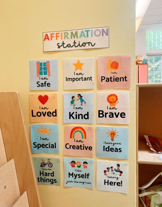 a child's playroom with wooden shelves and posters on the wall that read affirmation station