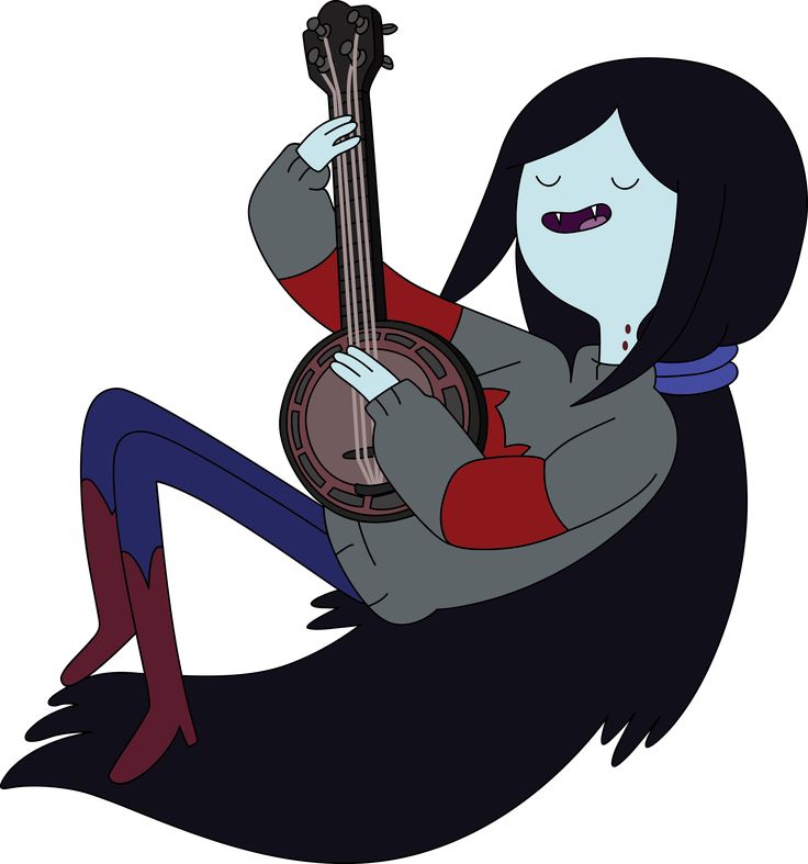 a cartoon character holding a ukulele on her lap and looking at the camera