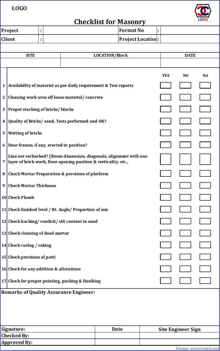 the checklist for masonry is shown in this file, and it contains several important tasks