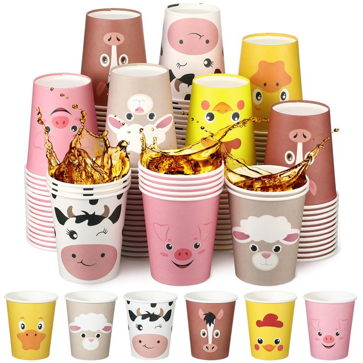 many different colored cups with faces on them