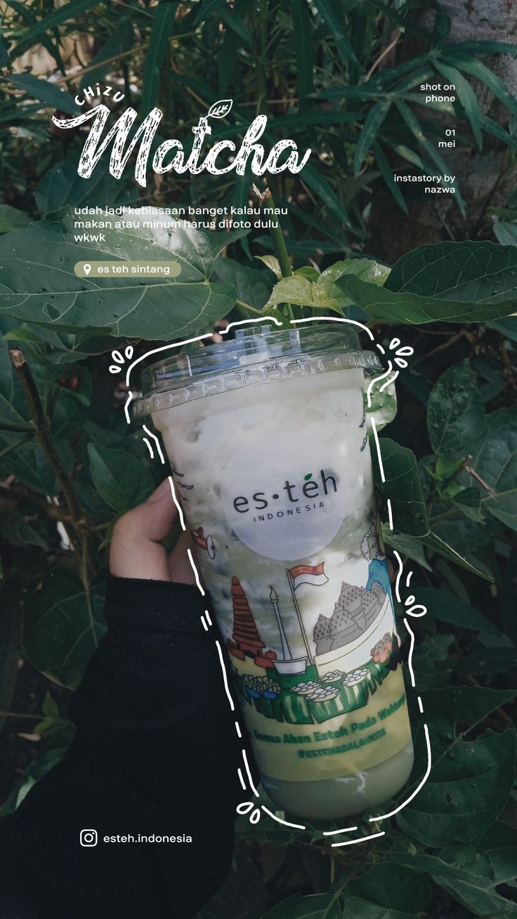 a person holding up a coffee cup in front of green leaves with the words matcha written on it