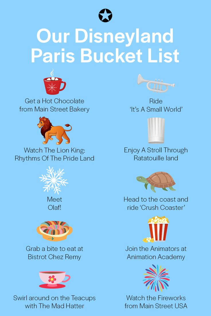 the disneyland paris bucket list is shown in blue and has different things to see on it