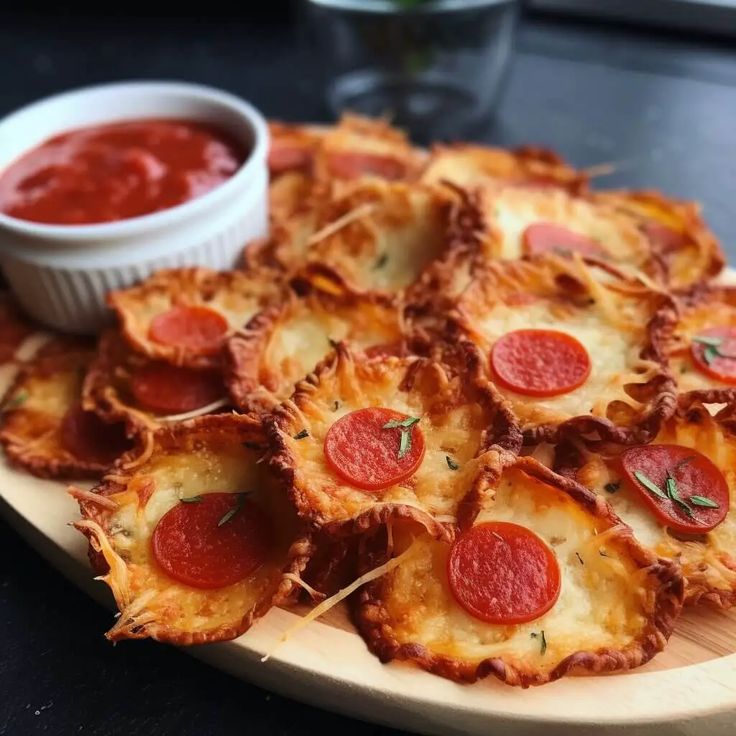 small pizzas with pepperoni and cheese on a wooden platter next to a bowl of ketchup