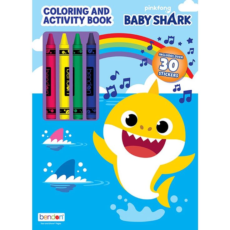 the coloring and activity book for baby shark is in front of colorful crayons