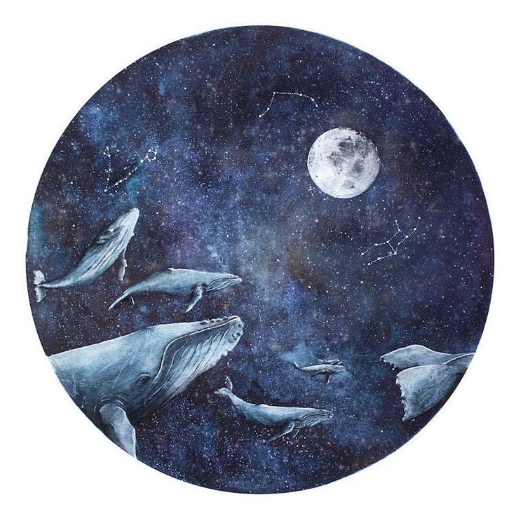 three whales are swimming in the ocean with a full moon and stars above them,