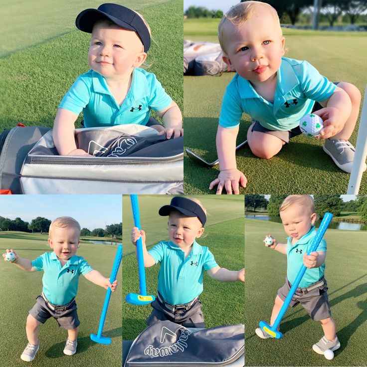 a collage of photos shows a baby playing in a golf cart and holding two baseball bats