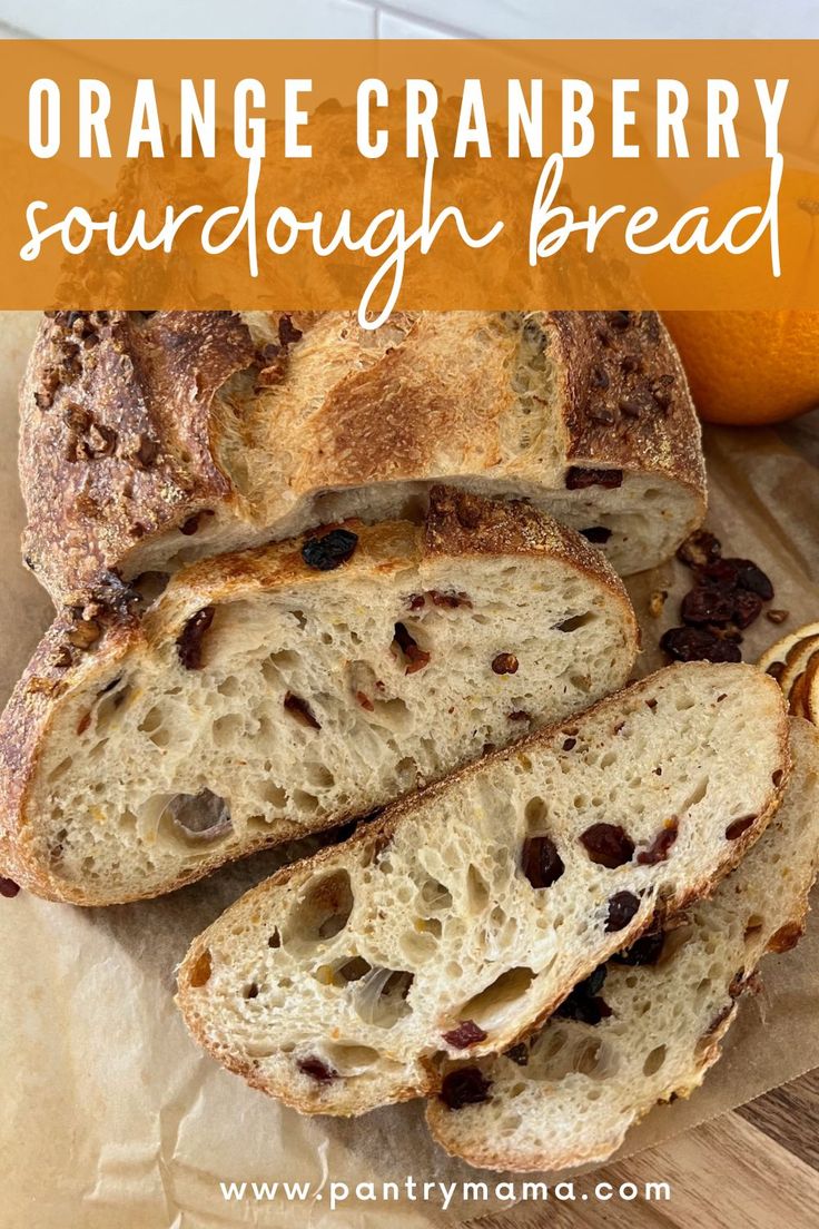 orange cranberry sourdough bread with raisins on top and an orange in the background