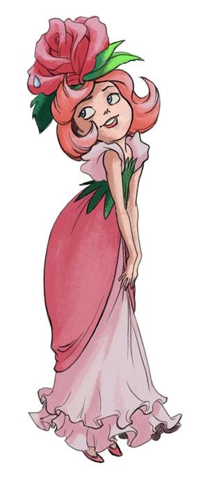 a drawing of a woman in a pink dress with a flower on her head and hands behind her back