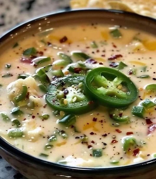 a bowl of soup with green peppers and cheese