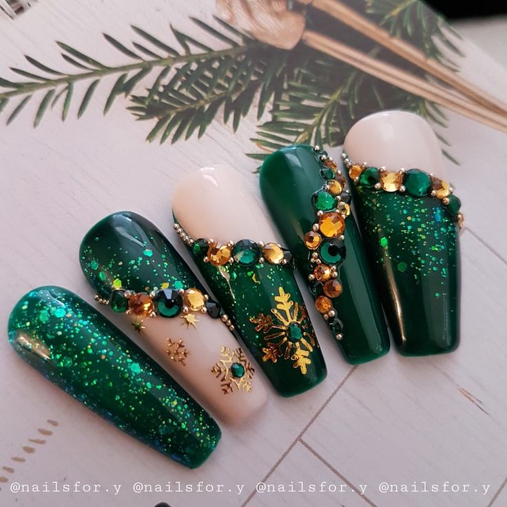 Christmas Press on Nails Green Christmas Nails Crystals | Etsy Emerald Green Nail Ideas Christmas, Green And Nude Christmas Nails, Yule Nail Designs, Christmas Acrylic Nails Green, Nail Tape Art, The Grinch Christmas Nails, Boujee Christmas Nails, Press On Nails Christmas, Christmas Glam Nails