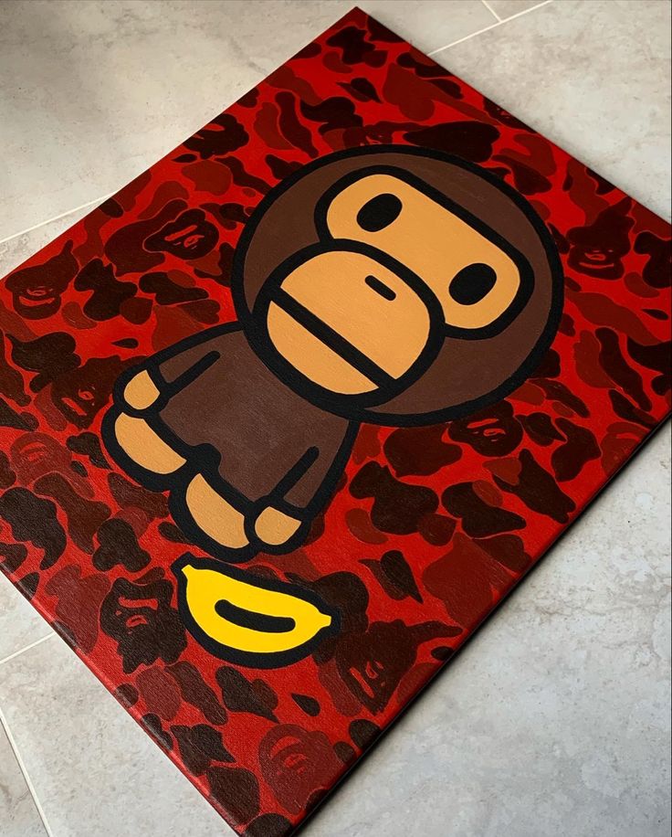 a painting of a monkey on a red and black background with yellow circles around it