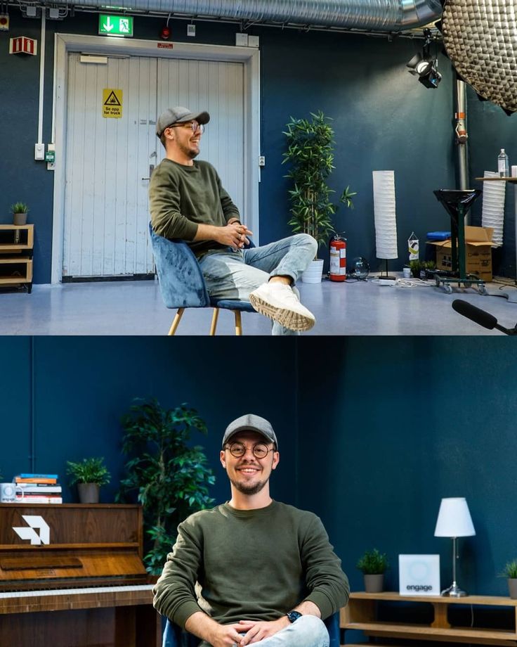 two photos one with a man sitting in a chair and the other with a hat on