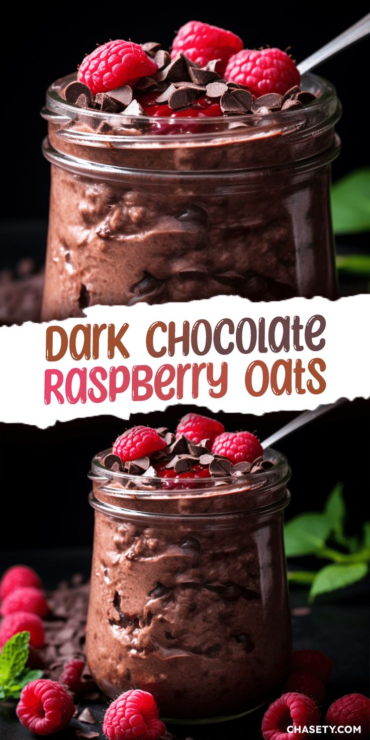 two jars filled with chocolate raspberry oats and topped with fresh raspberries