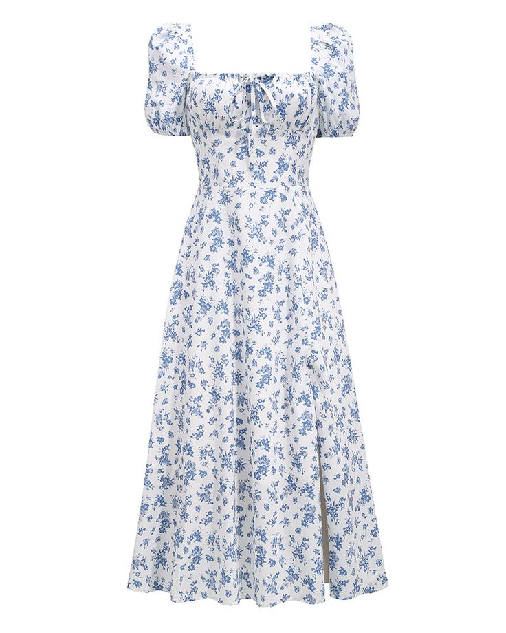 Elegant V-neck Midi Dress With Ditsy Floral Print, Square Neck Ditsy Floral Dress For Garden Party, Elegant Midi Dress With Ditsy Floral Print For Brunch, Elegant Midi Dress With Fitted Bodice For Vacation, Square Neck Floral Midi Dress For Daywear, Floral Print Square Neck Midi Sundress, Square Neck Floral Print Dress For Daywear, Square Neck Floral Dress For Daywear, Square Neck Printed Midi Dress For Garden Party