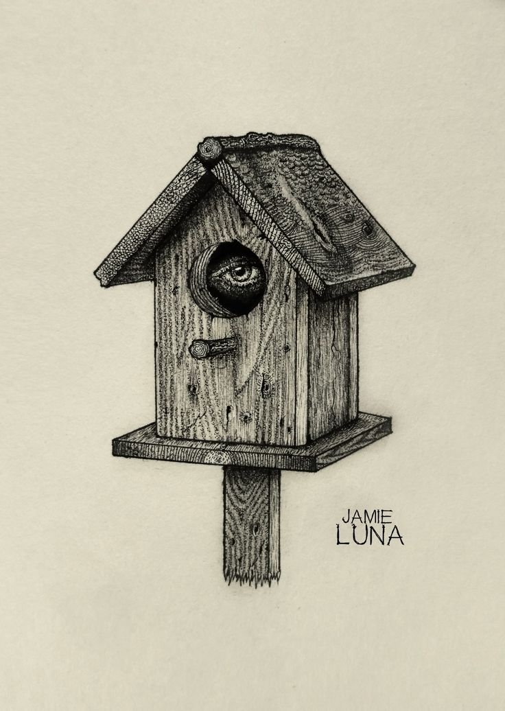 a drawing of a birdhouse with a cat in it's hole on the roof