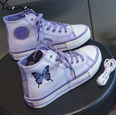 Purple Kawaii Butterfly Embroidery Canvas Sneakers · KoKo Fashion · Online Store Powered by Storenvy Boty Converse, Hip Hop Sneakers, Butterfly Shoes, Purple Canvas, Dr Shoes, Purple Sneakers, Butterfly Embroidery, Aesthetic Shoes, Swag Shoes