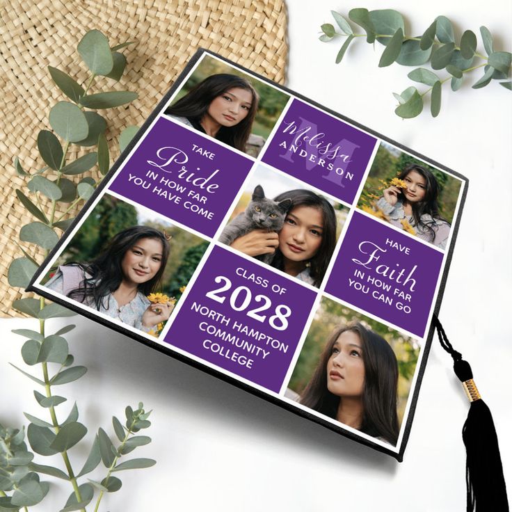 a purple and white graduation card with photos on it