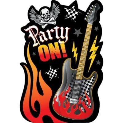 a guitar with flames and skulls on it is in the shape of a party sign