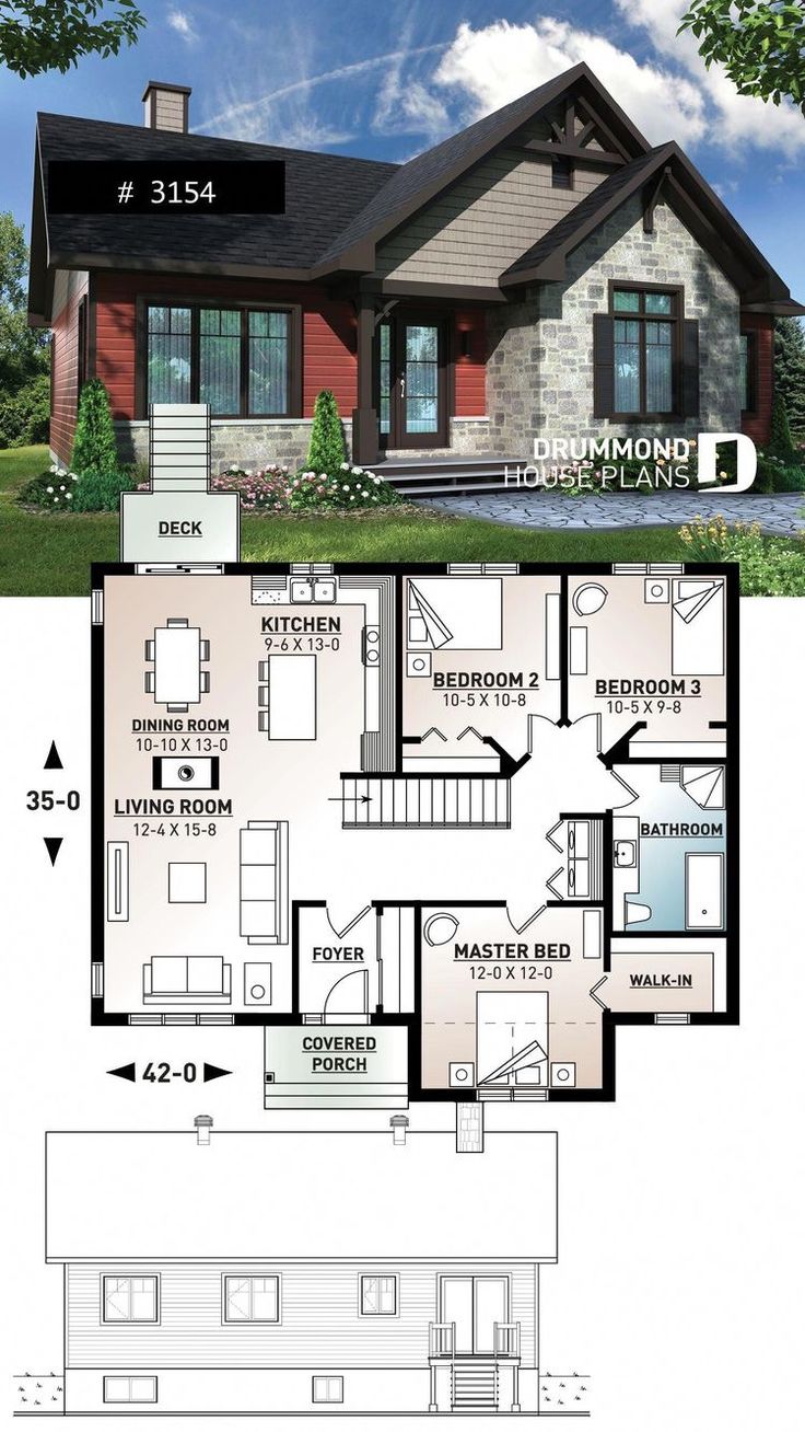 two story house plan with 3 bedroom and 2 bathrooms on the first floor, an attached garage