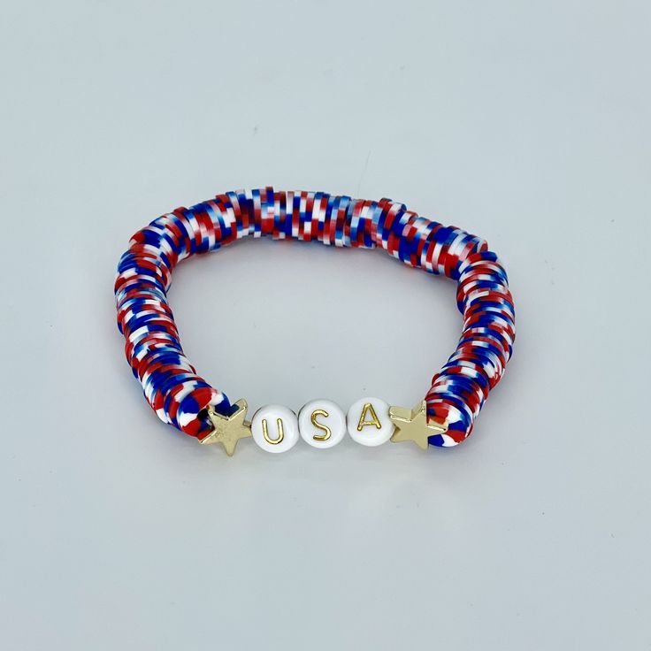 This is the perfect festive USA red, white and blue themed bracelet. It’s so much fun and can be worn alone or stacked with many other options Bracelets are “one size fits most” and are designed to fit wrists up to 7.0”. Custom sizes available upon request. Please email designsby.kb@yahoo.com once your oder is placed. *Bracelets usually ship within 3-5 business days. Patriotic Blue Friendship Bracelets As Gift, Patriotic White Friendship Bracelets As Gift, Patriotic White Friendship Bracelets Gift, Blue Adjustable Bracelets For 4th Of July, Blue Adjustable Stretch Bracelet For 4th Of July, Blue Stretch Bracelet For 4th Of July Gift, Patriotic Red Beaded Bracelets As Gift, Multicolor Beaded Bracelets For 4th Of July Gift, Adjustable White Patriotic Beaded Bracelets