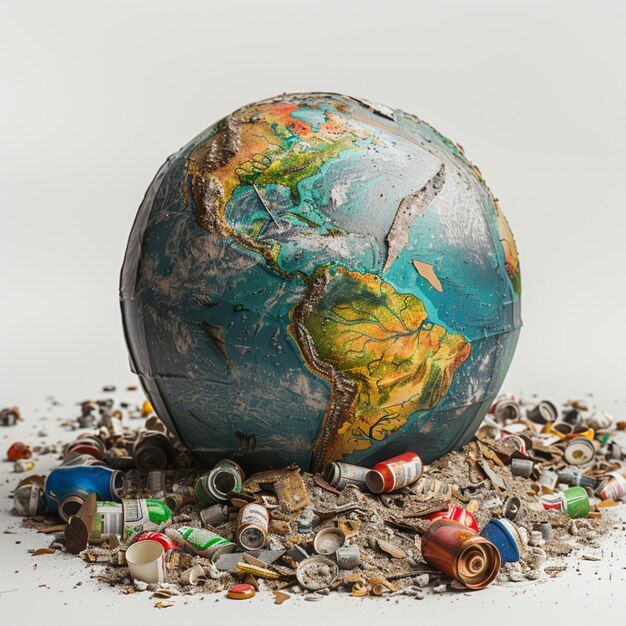 an earth globe surrounded by trash on a white background