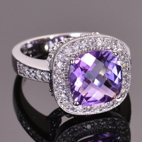 Amethyst and White Sapphire Cocktail Ring – Louis XV Jewelers Luxury Purple Gemstones With Halo Setting, Formal Cubic Zirconia Gemstones With Halo Setting, Luxury Purple Amethyst Ring With Halo Setting, Luxury Amethyst Ring With Halo Setting, Luxury Purple Sapphire Ring For Formal Occasions, Luxury Purple Rings For Anniversary, Elegant Purple Crystal Ring With Prong Setting, Luxury Purple Anniversary Rings, Luxury Purple Sapphire Ring With Diamond