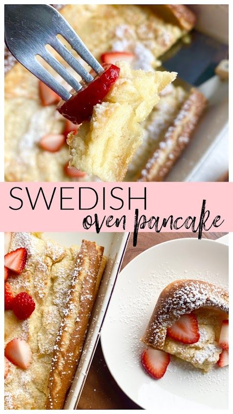 a piece of cake with strawberries on top is being lifted from a pan by a fork