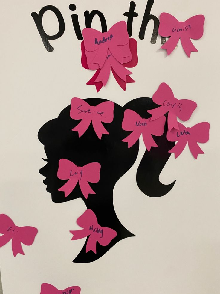 a woman's head with pink bows and name written on it