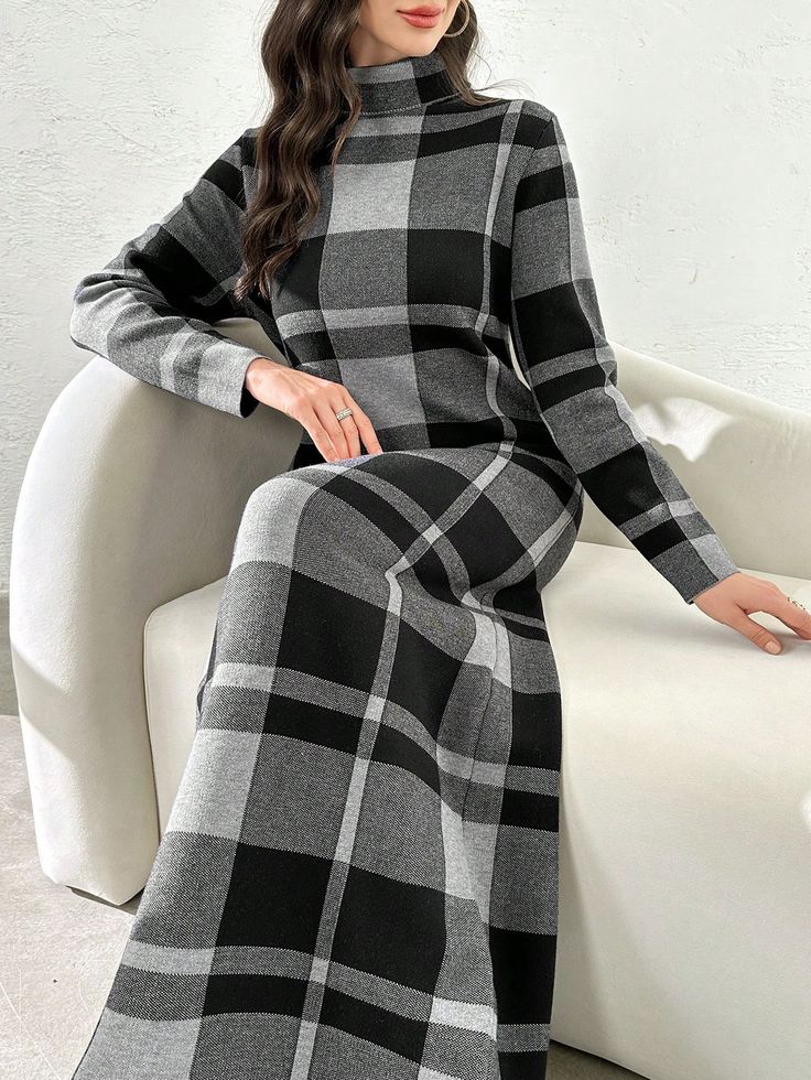 Women's Plaid High Neck Long Sleeve Maxi Casual Sweater Dress, Autumn/Winter Multicolor Casual  Long Sleeve Knitted Fabric Plaid  Medium Stretch  Women Clothing, size features are:Bust: ,Length: ,Sleeve Length: Casual Sweater Dress, Sweater Dress Casual, Flared Leggings, Black And White Baby, Dress Autumn, Boys Denim, Casual Sweater, Sweater Dress Women, High Neck Long Sleeve