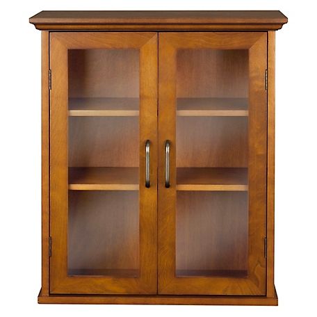 a wooden cabinet with two glass doors