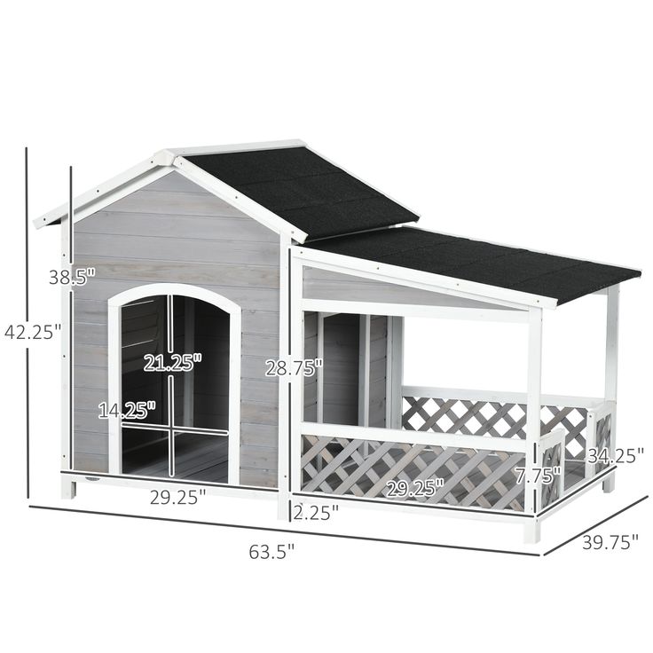 the dog house is shown with measurements for it's roof and sidewalls