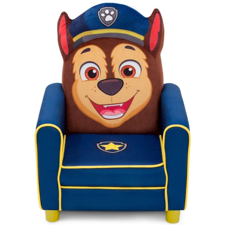 a little kid's chair that has a bear on it and is blue with yellow trim