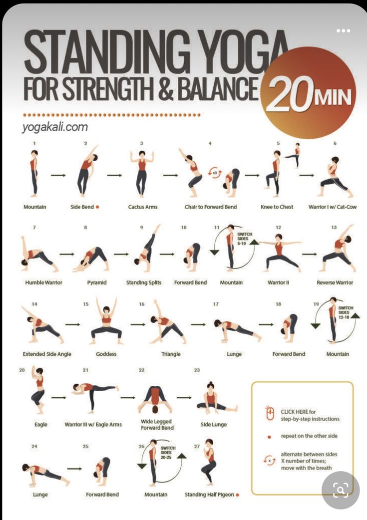 the poster shows how to do standing yoga for strength and balance in 20 minutes or less