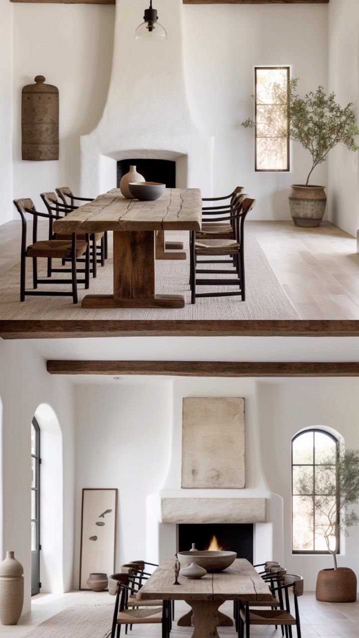 two pictures of a dining room with chairs and a fireplace in the middle one is empty