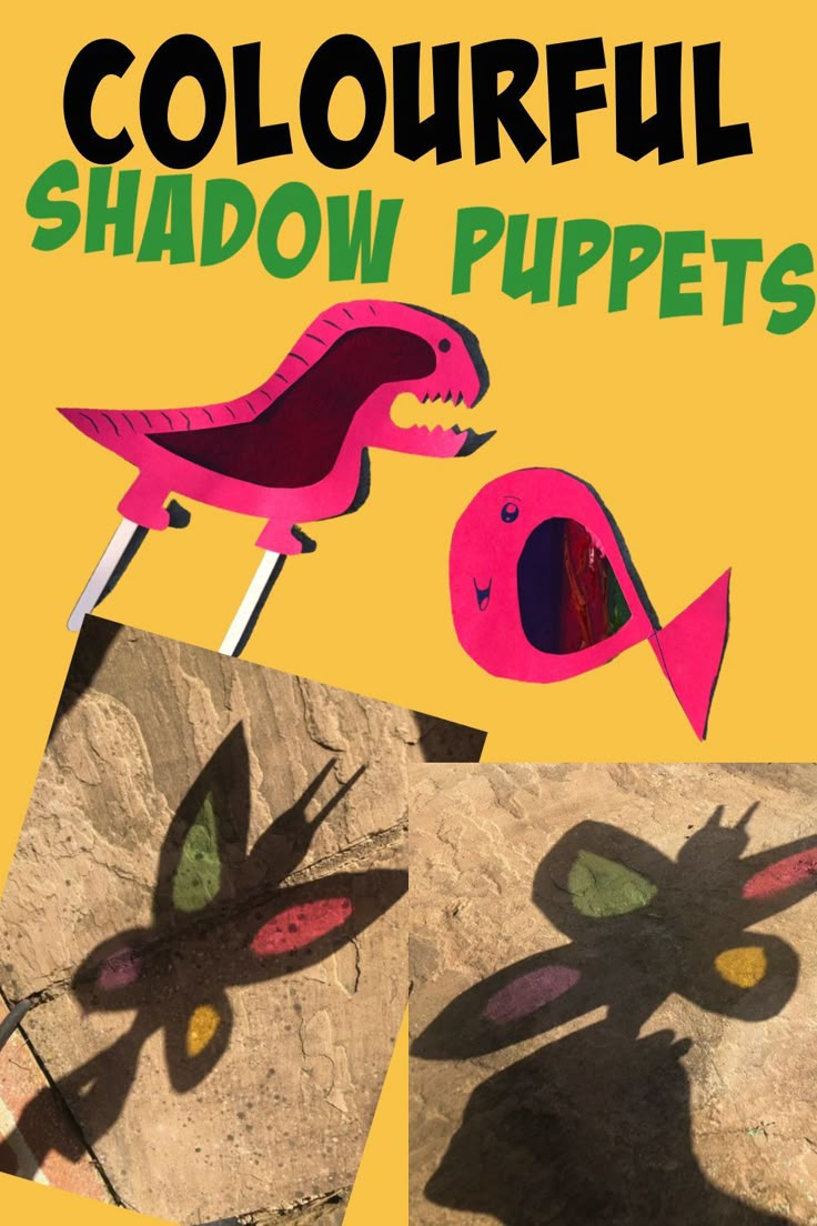 the shadow of two birds on top of a yellow background with text that reads, colorful shadow puppets