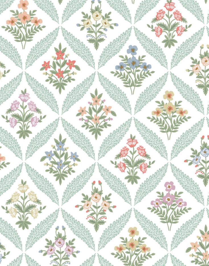 a floral wallpaper pattern with green leaves and flowers