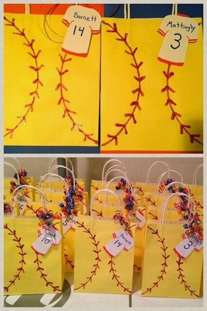 baseball themed birthday party bags with name tags and numbers for each team's number