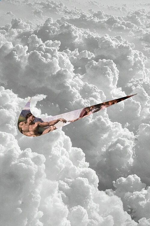 a man flying through the air on top of clouds