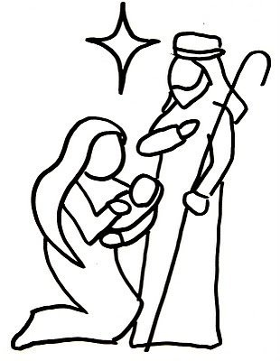 a black and white drawing of a person holding a baby in their lap with the star above them