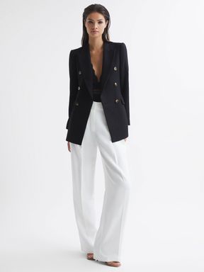 Black Blazer And White Pants, White Pants And Black Blazer, Black Blazer White Pants Outfit, Black Double Breasted Blazer Outfit, Tv Presenter, Twill Weave, Blazer Outfits, White Blazer, Women's Coats & Jackets