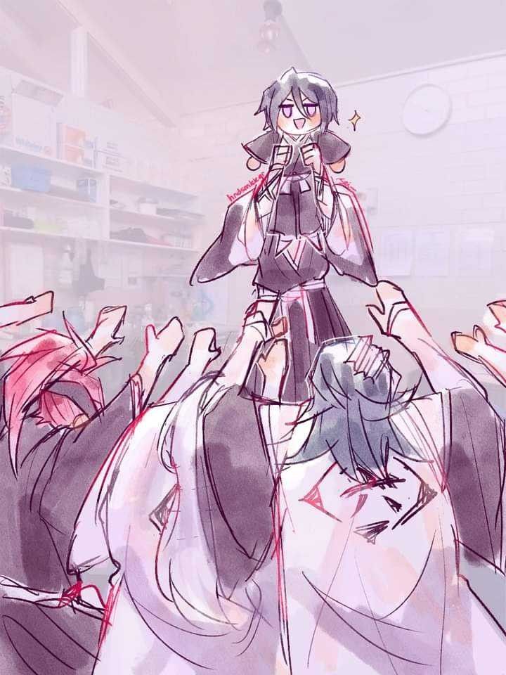 an anime character is standing on top of another character's head in the middle of a group of people