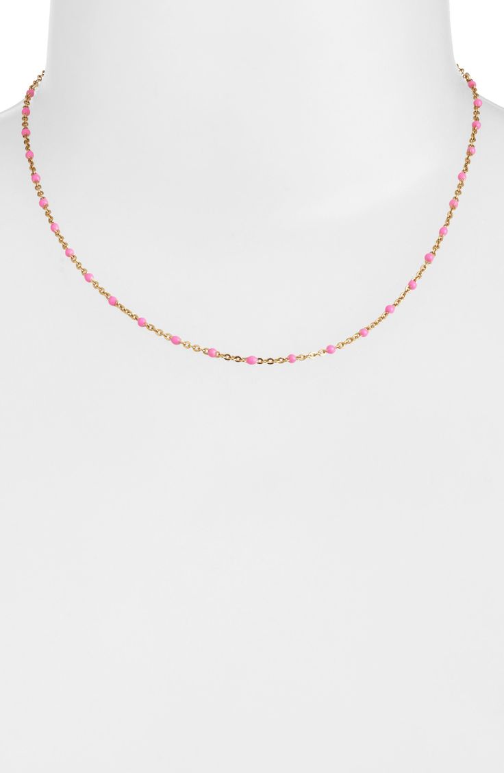 Delicate bead stations complement the polished links on this handmade chain necklace made from 14-karat-gold fill. 16" length 14k-gold fill/enamel Made in the USA Pink Dainty Necklace With Beaded Chain, Dainty Single Strand Pink Jewelry, Pink Jewelry With Adjustable Round Beads Chain, Delicate Pink Beaded Chain Jewelry, Delicate Pink Jewelry With Tiny Beads, Handmade Chain, Station Necklace, On Set, Gold Filled