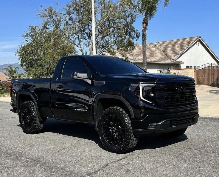 the black truck is parked on the street in front of some palm trees and houses