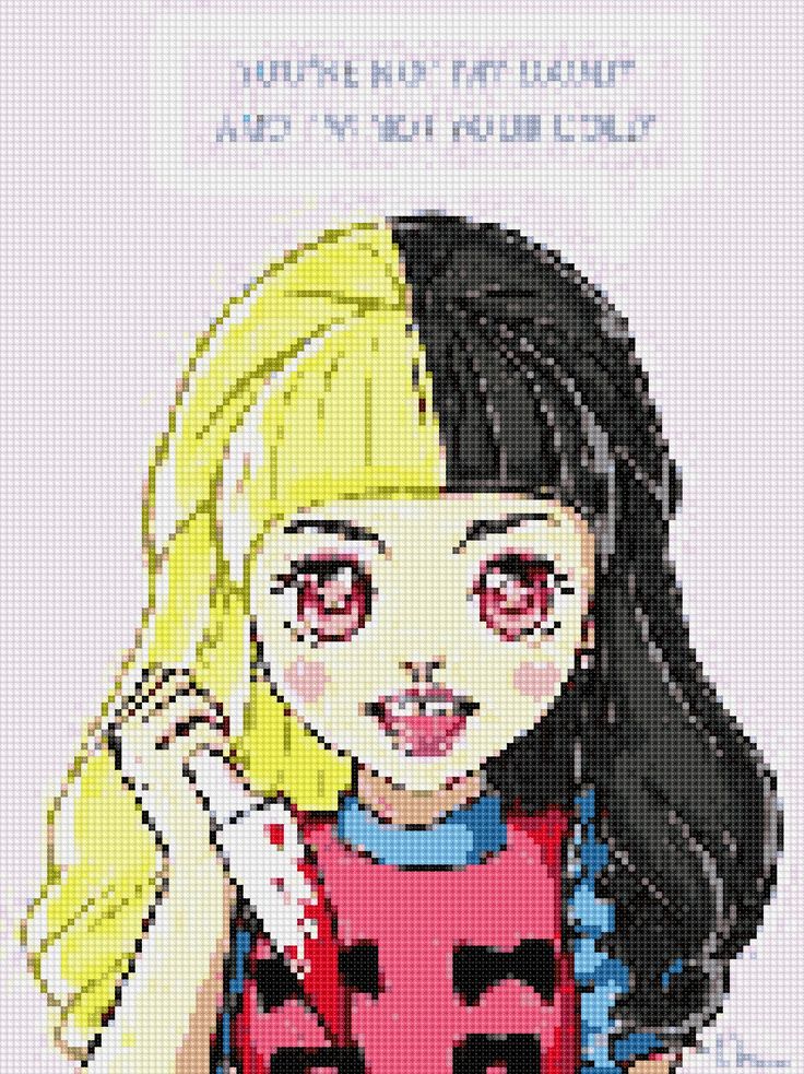 a cross stitch pattern of a girl with long hair and big eyes wearing a red dress