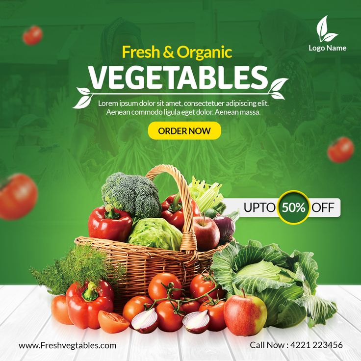 fresh and organic vegetables advertisment on wooden table with tomatoes, broccoli, lettuce, onions, radishes